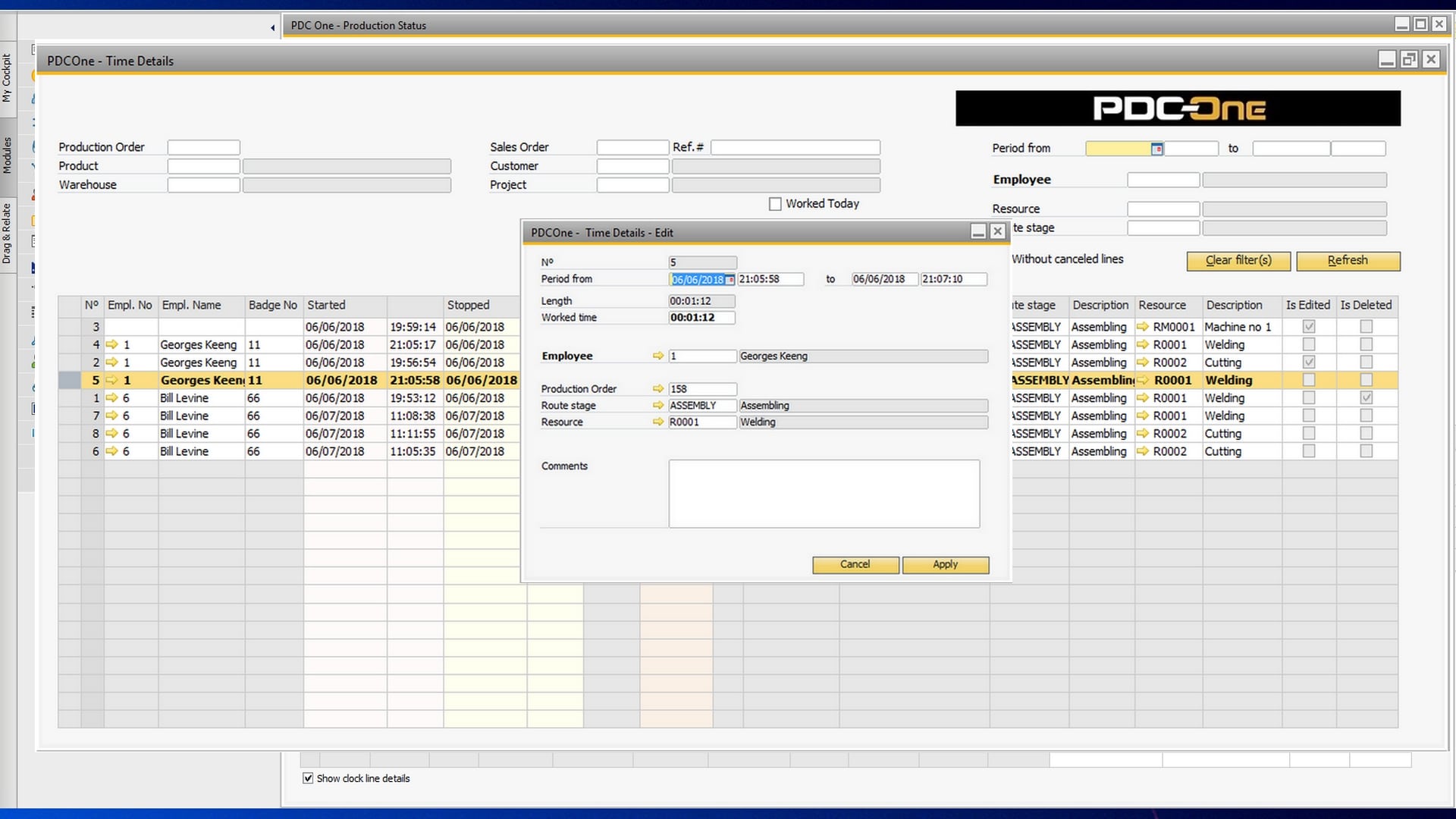 production orders worked hours details sap business one